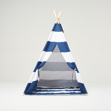 Teepee Play Tent With Blue and White Stripes with Cushion