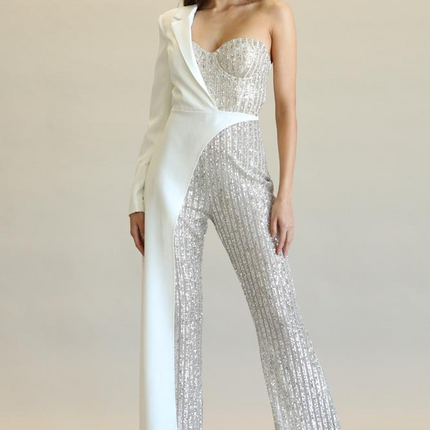 Evolet - Striped Sequin + Solid Stretch Woven Fabric Combo Jumpsuit