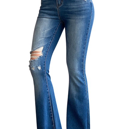 Mid Rise Distressed Flare Jeans