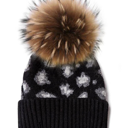 Cashmere Blend Knit Leopard with Pom Beanie