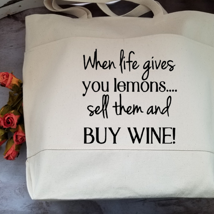 Sarcastic Wine Lovers Heavy Cotton Canvas Tote | Large Funny Tote Bag with Pockets | Reusable Bag for Shopping, Beach, Books, or Overnight