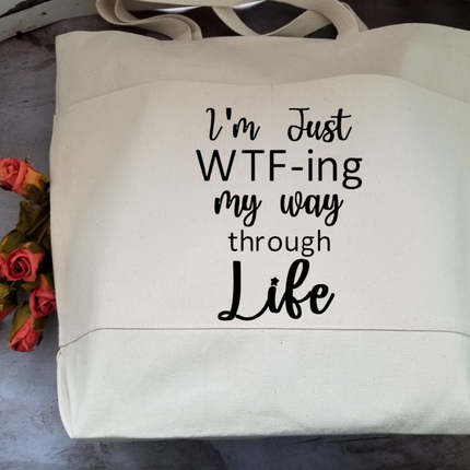 Humorous Heavy Cotton Canvas Tote | Large Funny Tote Bag with Pockets | Reusable Bag for Shopping, Beach, Books, or Overnight