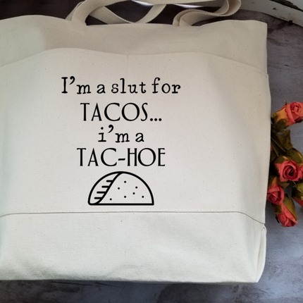 Sarcastic Taco Lovers Heavy Cotton Canvas Tote | Large Funny Tote Bag with Pockets | Reusable Bag for Shopping, Beach, Books, or Overnight
