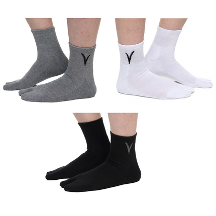 V-Toe Flip-Flop Socks Brand 3 Pairs Thicker Mini Crew - Black, White, Grey Solids