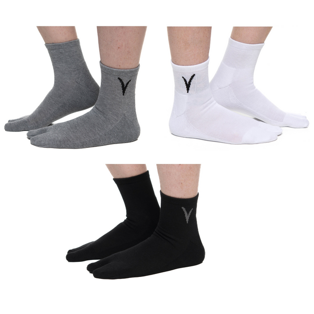 V-Toe Flip-Flop Socks Brand 3 Pairs Thicker Mini Crew - Black, White, Grey Solids