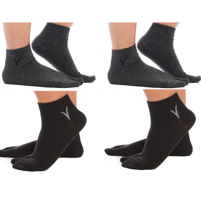 4 Pairs - 2  Black, 2 Gunmetal Grey Ankle Casual V-Toe Flip-Flop Tabi Big Toe Socks