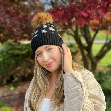 Cashmere Blend Knit Leopard with Pom Beanie