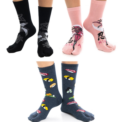3 Pairs - V-Toe Split Toe Socks Big Toe Tabi Black Ninja, Pink Ninja and Sushi Crew