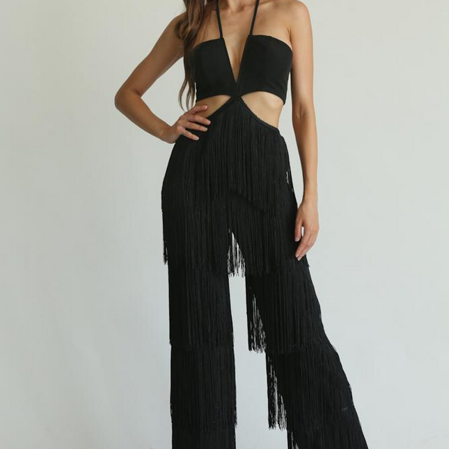 Elizabella - Multi-tiered Fringe Detailed Pants Jumpsuit