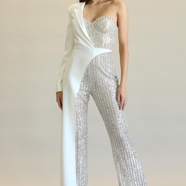 Evolet - Striped Sequin + Solid Stretch Woven Fabric Combo Jumpsuit