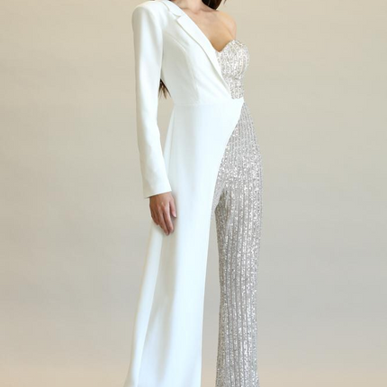 Evolet - Striped Sequin + Solid Stretch Woven Fabric Combo Jumpsuit