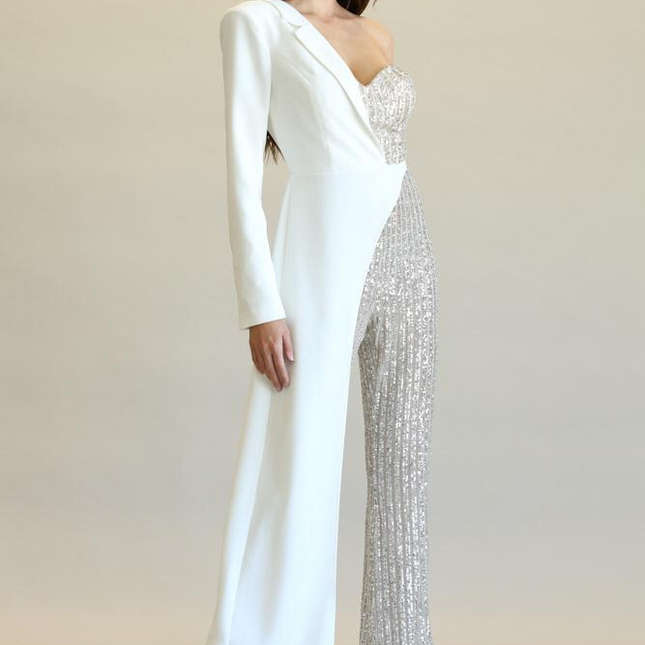 Evolet - Striped Sequin + Solid Stretch Woven Fabric Combo Jumpsuit