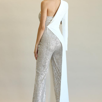 Evolet - Striped Sequin + Solid Stretch Woven Fabric Combo Jumpsuit
