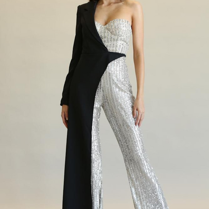 Evolet - Striped Sequin + Solid Stretch Woven Fabric Combo Jumpsuit