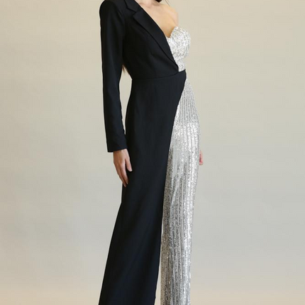 Evolet - Striped Sequin + Solid Stretch Woven Fabric Combo Jumpsuit
