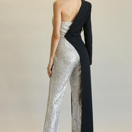 Evolet - Striped Sequin + Solid Stretch Woven Fabric Combo Jumpsuit