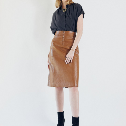 Glossy Brown Vegan Leather Pencil Skirt