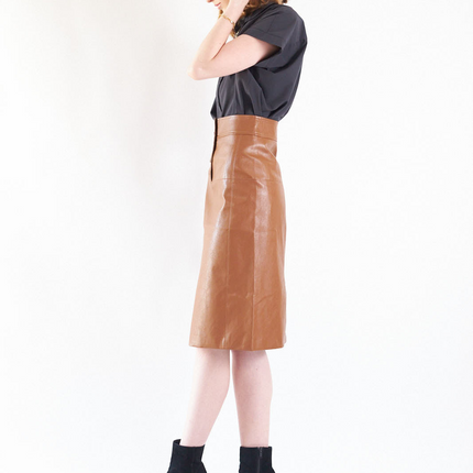Glossy Brown Vegan Leather Pencil Skirt