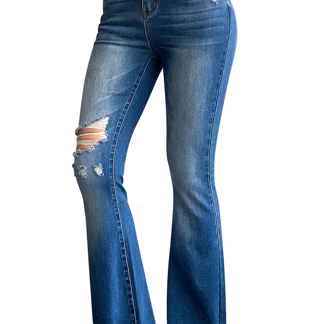 Mid Rise Distressed Flare Jeans
