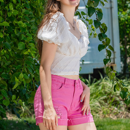 Mid Rise Ripped Stretchy Denim Shorts