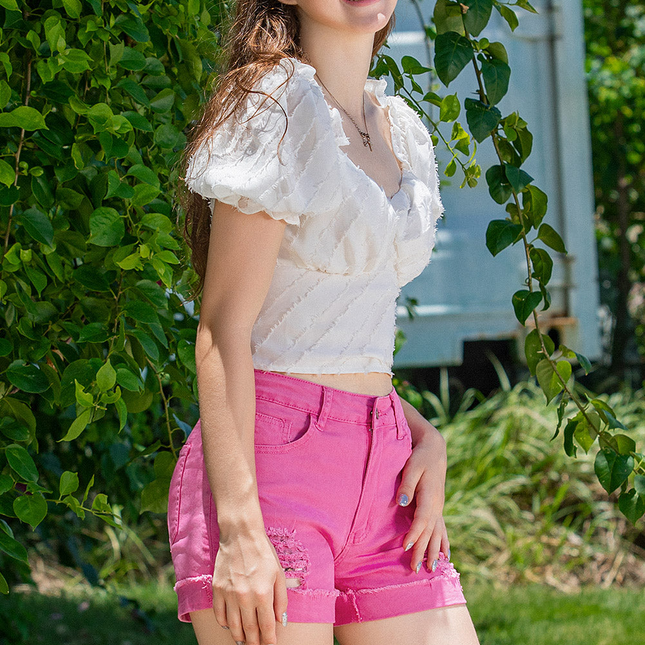 Mid Rise Ripped Stretchy Denim Shorts