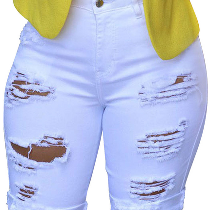 Mid Rise Hollow-out Ripped Bermuda Shorts
