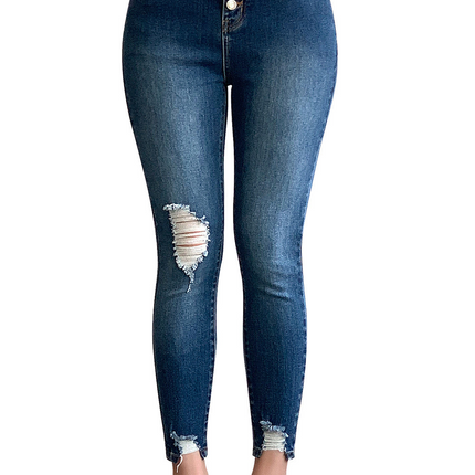 Blue Button Fly High Waist Ripped Skinny Fit Ankle Jeans