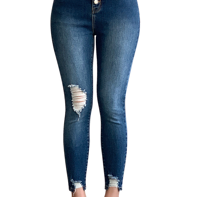 Blue Button Fly High Waist Ripped Skinny Fit Ankle Jeans