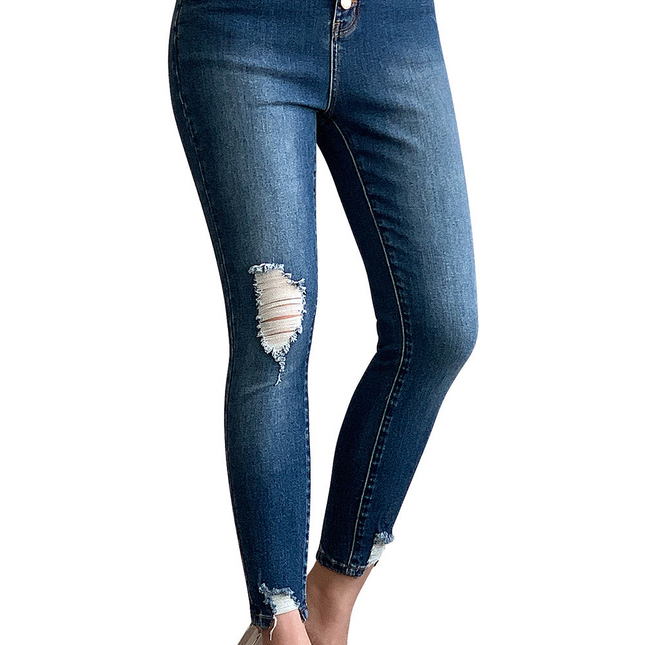 Blue Button Fly High Waist Ripped Skinny Fit Ankle Jeans