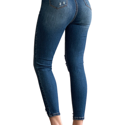 Blue Button Fly High Waist Ripped Skinny Fit Ankle Jeans