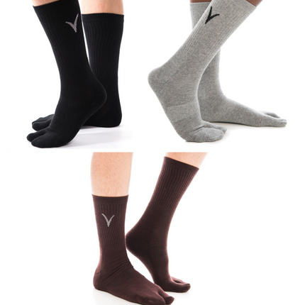 3 Pairs Athletic -  V-Toe Flip Flop Tabi Big Toe Crew Sports Or Casual Black Solid Socks
