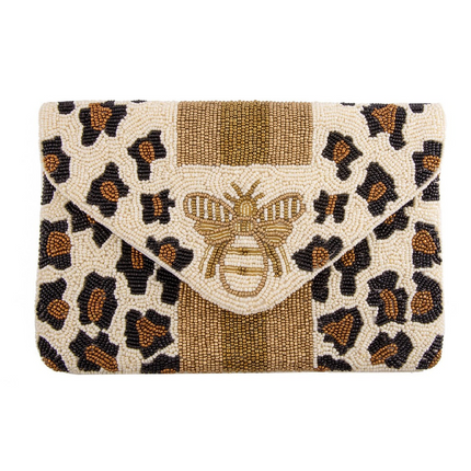 Beige Animal Print Bee Beaded Bag