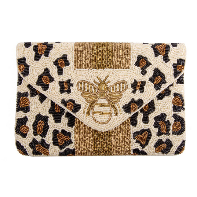 Beige Animal Print Bee Beaded Bag