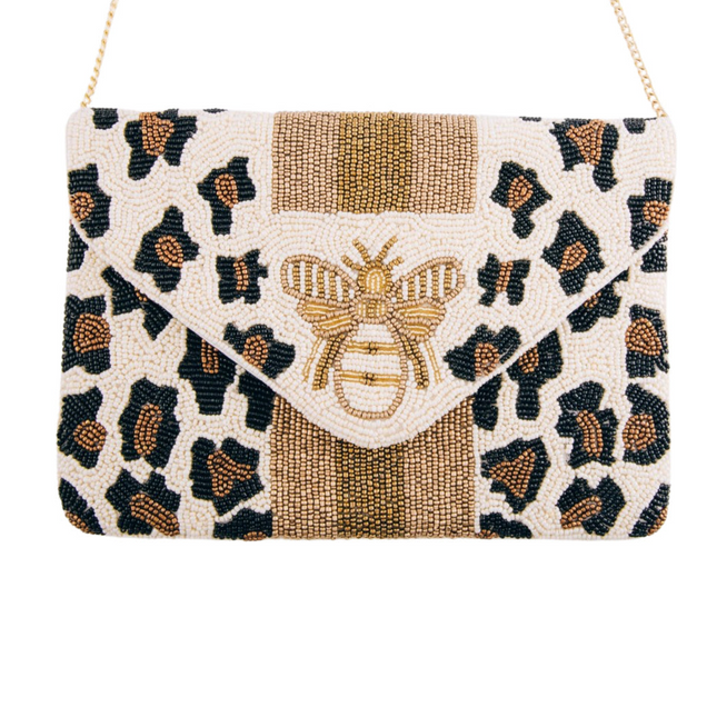 Beige Animal Print Bee Beaded Bag