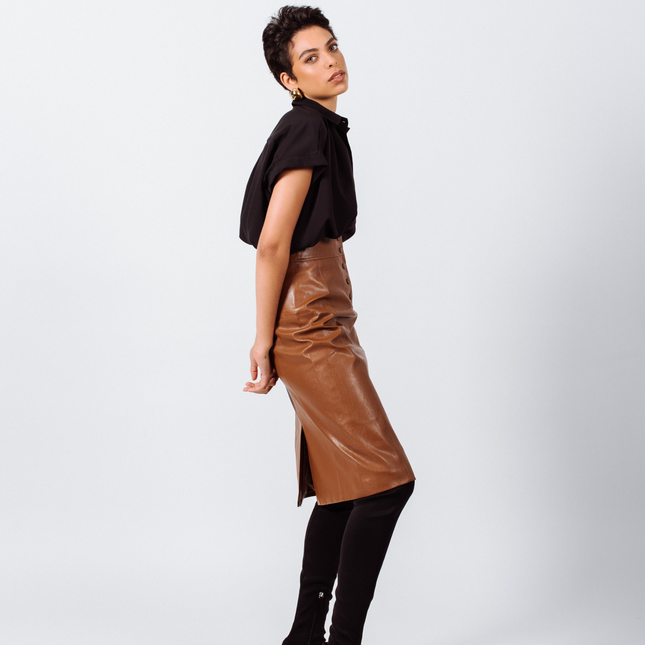 Glossy Brown Vegan Leather Pencil Skirt