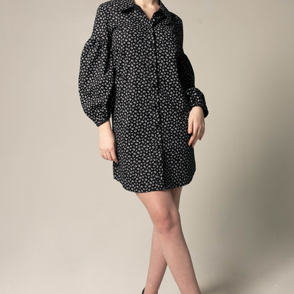 The Black Floral Shirt Dress in Italian Cotton with Oversized Sleeves