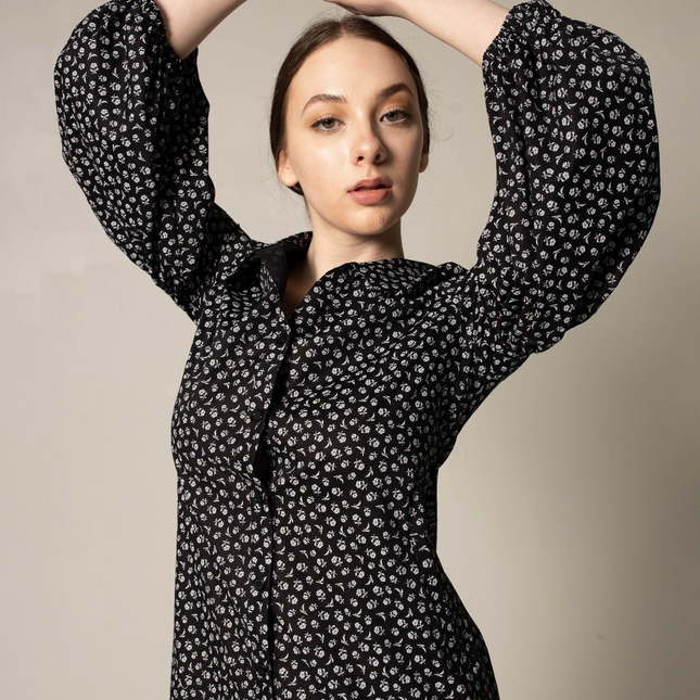 The Black Floral Shirt Dress in Italian Cotton with Oversized Sleeves