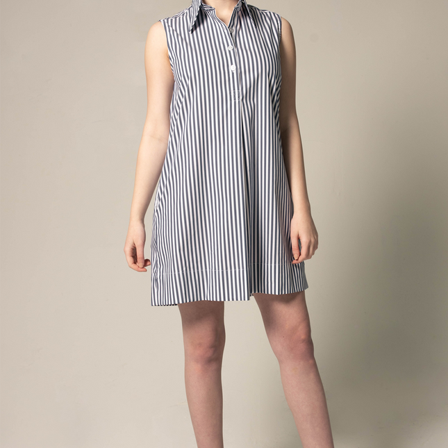 Italian Cotton Blue Stripe Sleeveless Dress
