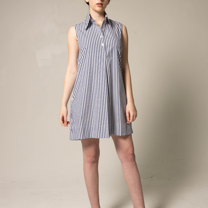 Italian Cotton Blue Stripe Sleeveless Dress
