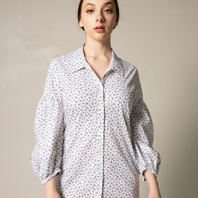 Shirt Dress with Oversized Sleeves in White Floral
