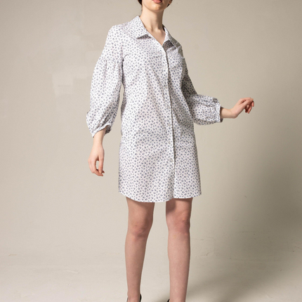 Shirt Dress with Oversized Sleeves in White Floral
