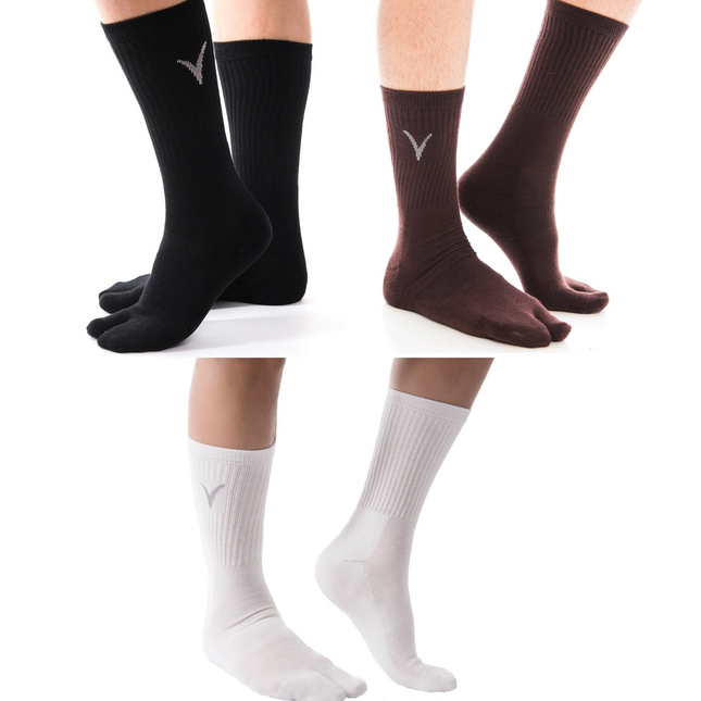 3 Pairs V-Toe Thicker Cotton Grey Flip-Flop Tabi Big Toe Crew Socks Black, Gunmetal Grey, Brown