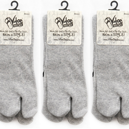 3 Pairs Athletic - Light Gray Solid V-Toe Flip Flop Tabi Big Toe Socks Cotton Blend Style