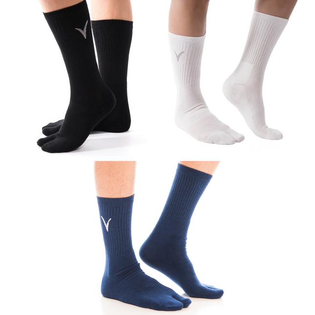 3 Pairs V-Toe Flip-Flop Thicker Tabi Big Toe Crew Socks For Men And Women Fun Socks Black, White, Blue