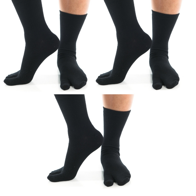 3 Pairs - V-Toe Flip Flop Tabi Socks Black Solid Casual Crew