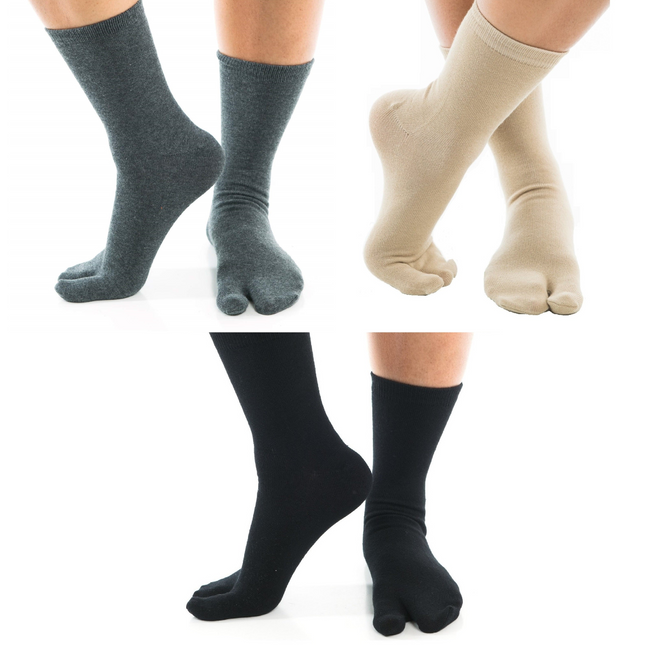 3 Pairs - V-Toe Flip Flop Tabi Socks Black, Khaki and Grey Comfortable Casual Crew Big Toe Socks