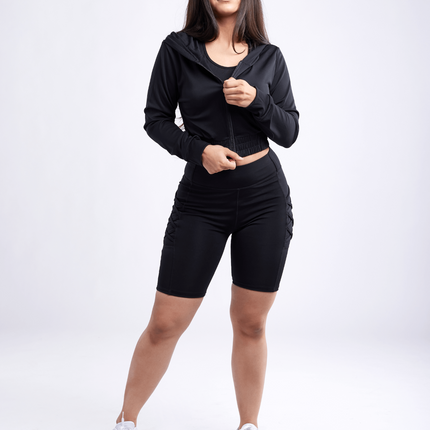 High-Waisted Workout Shorts with Pockets & Criss Cross Design
