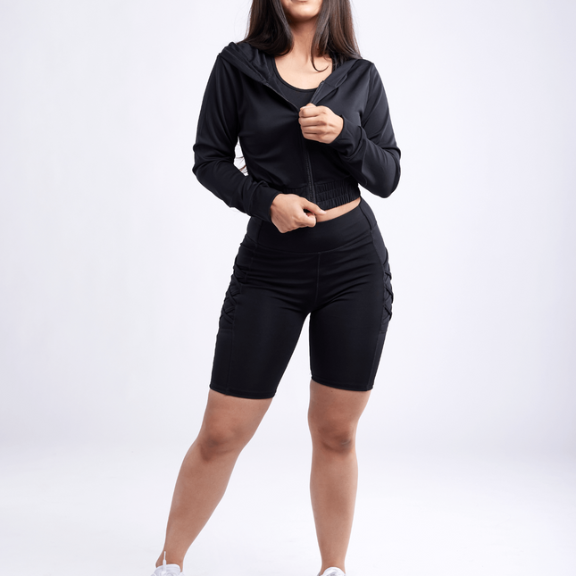 High-Waisted Workout Shorts with Pockets & Criss Cross Design