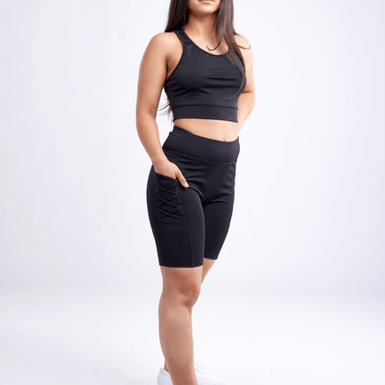 High-Waisted Workout Shorts with Pockets & Criss Cross Design
