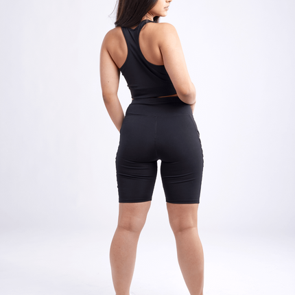 High-Waisted Workout Shorts with Pockets & Criss Cross Design